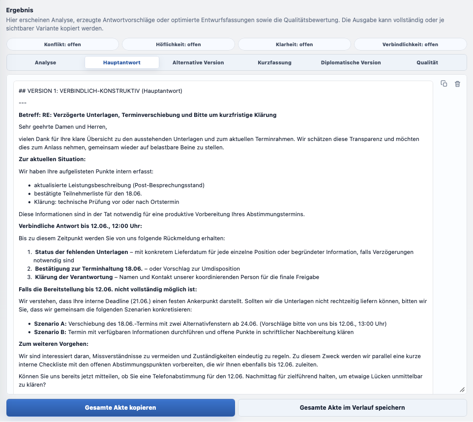 Screenshot der Hauptantwort in SMART ReplySuite
