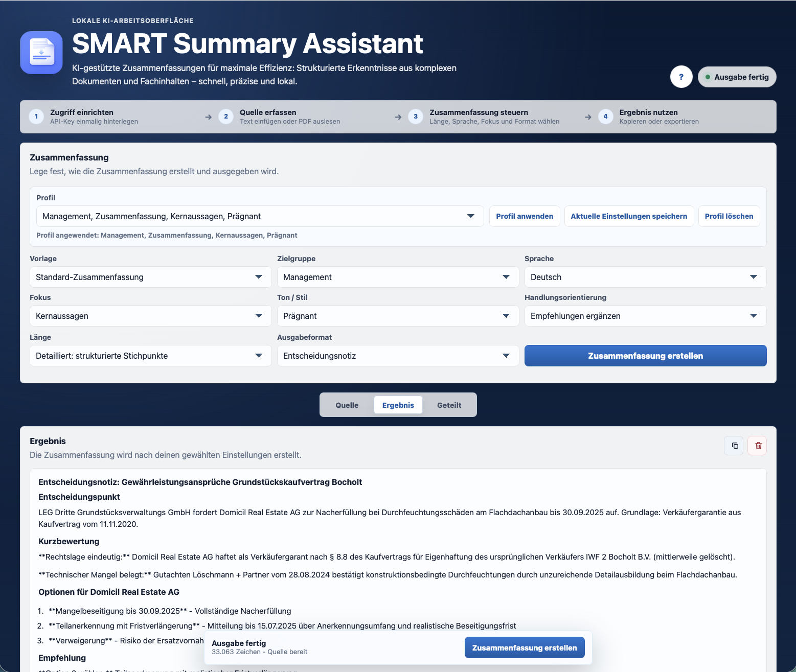 Screenshot der SMART SummaryAssistent Arbeitsoberfläche als Hero-Hintergrund